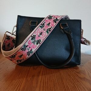 Black Leather Handbag with Pink Embroidered Strap
